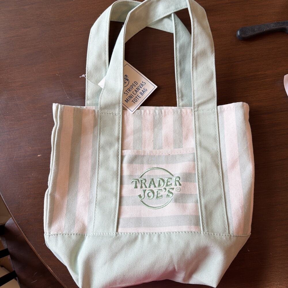 NWT Trader Joe’s Mini Mint Green Striped Tote Bag